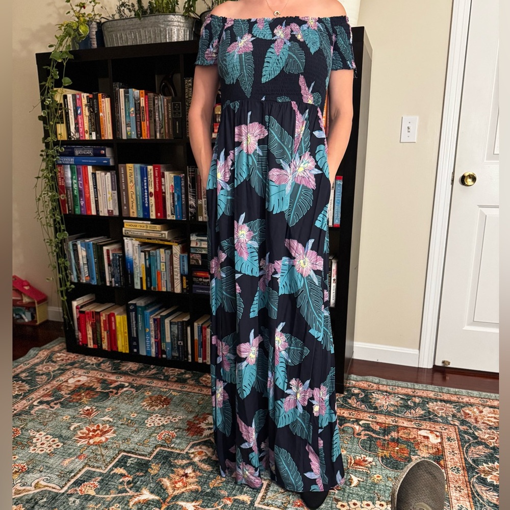 Lulu brand Patsy Navy Blue Floral Print Off-the-Shoulder Dress